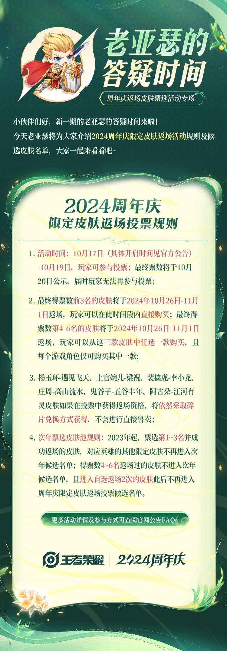 老亚瑟答疑|周年庆返场皮肤票选即将开启！